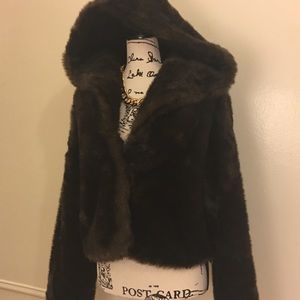 Express faux fur short coat M  brown/black.